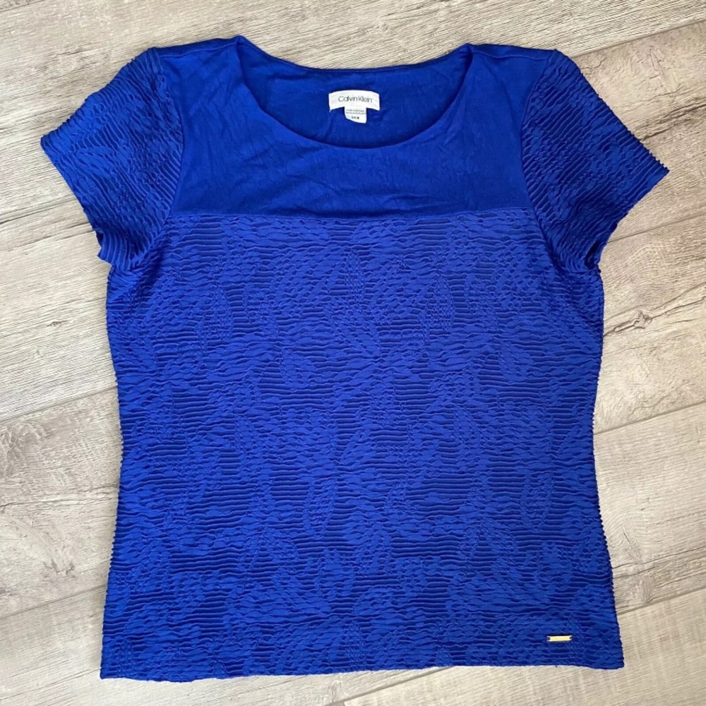 Calvin‎ Klein Small Ladies' Stretch Textured Tee Relaxed Fit Blue